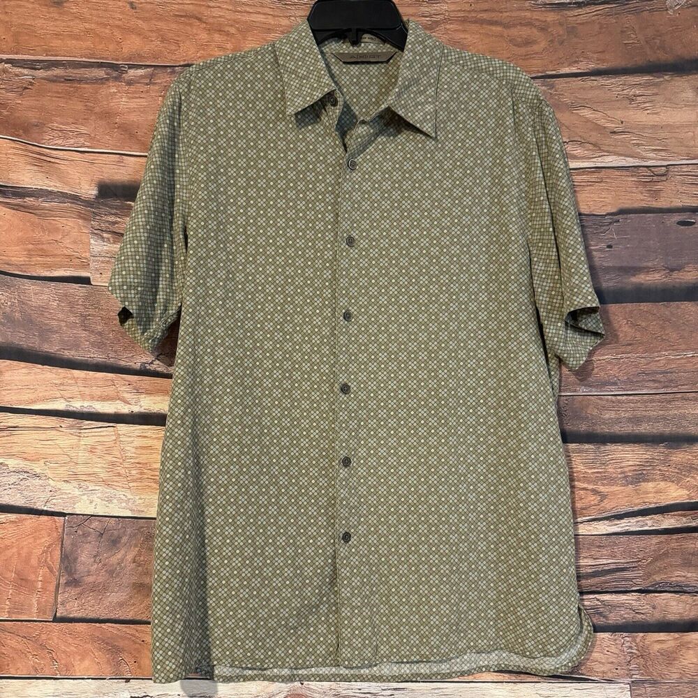 Axist Men's Medium Sage Green Geometric Polka Dot Silk Short Sleeve Shirt